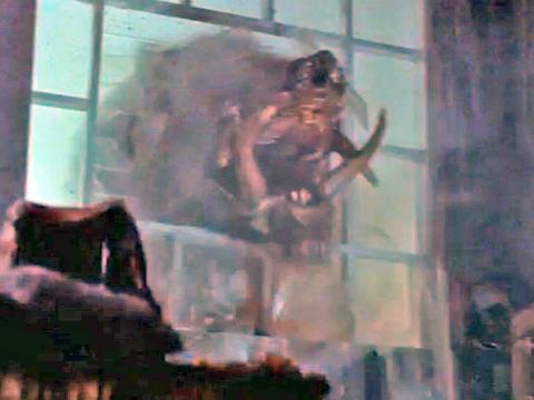 An animatronic razorback bursts through a window