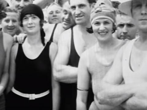 A group of swimmers at Bondi Beach in 1926, looking at the camera