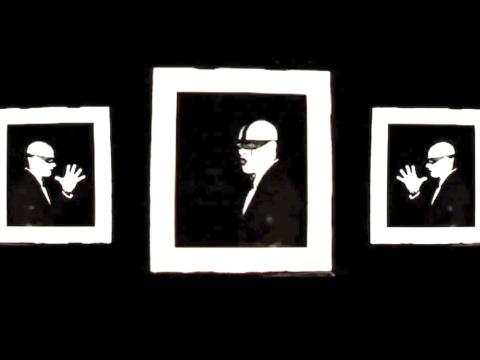 Three black and white portraits of a man in black and white make-up posing for the camera.