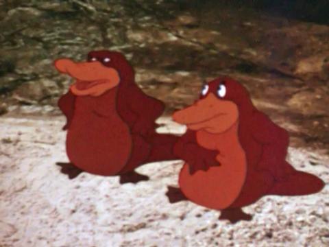 Two animated platypuses standing on a rock in front of a stream in a still from the film Dot and the Kangaroo (1977).
