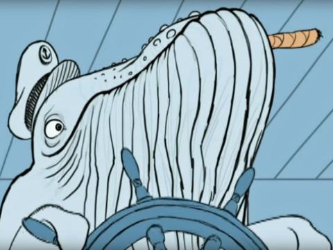 An animated image of a whale wearing a sailor's cap. The whale has a cigar in its mouth and is using its flippers to steer a ship.