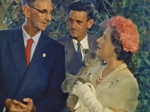 Elizabeth, The Queen Mother, holding a koala and talking with two men during a visit to Taronga Zoo in Sydney in 1958.