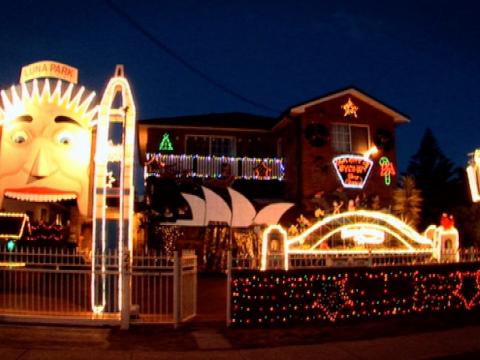 Christmas lights depicting icons of Sydney: Luna Park, the Sydney Opera House, Sydney Harbour Bridge and Centrepoint Tower.
