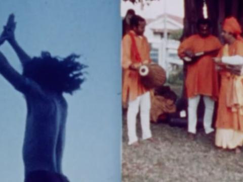 Split image of Bengali performers and people dancing