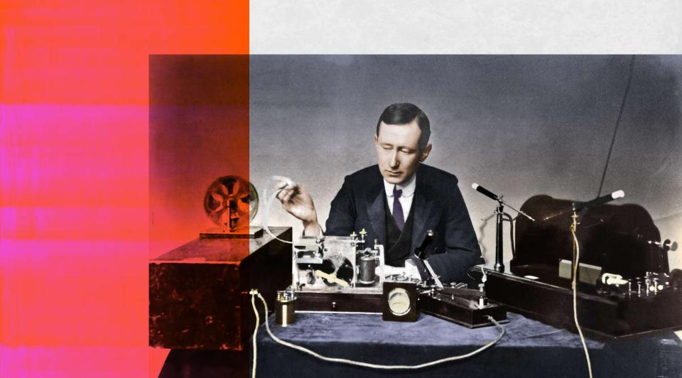 Image of a 1920s man sitting at a desk with a microphone on it. The image has a bright graphic treatment over one side.