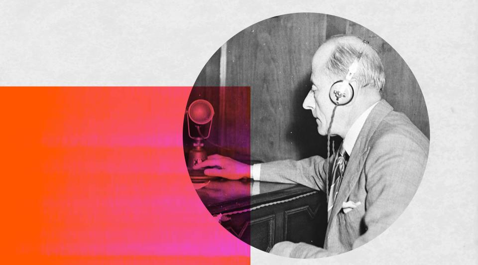 Circular inset image of a man seated, in profile, wearing headphones and holding a radio microphone.