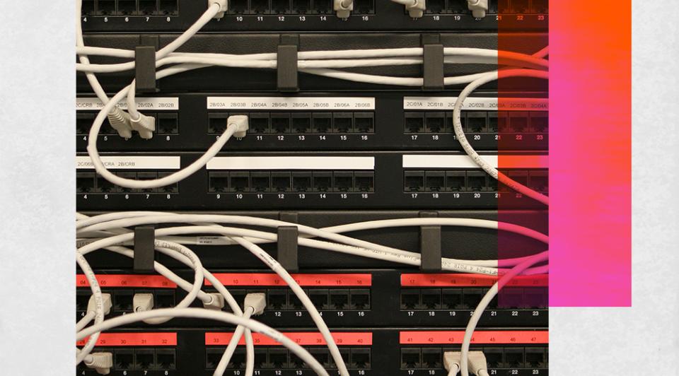 A series of ethernet cables plugged into a numbered circuit board