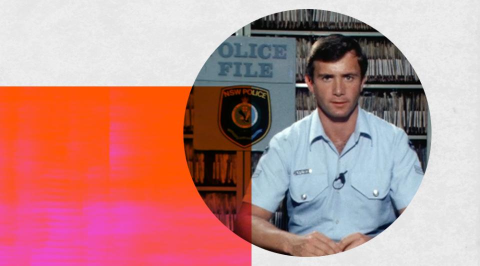 A police officer in uniform addresses a TV camera in front of shelves of case files and a sign that reads Police File over a NSW Police badge