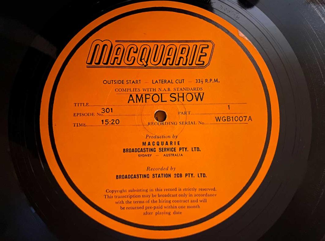 Record label for a vinyl record titled Ampol Show