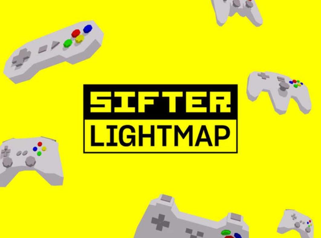 Bright yellow screen with video game controllers floating on it and the words 'Sifter Lightmap' in the centre