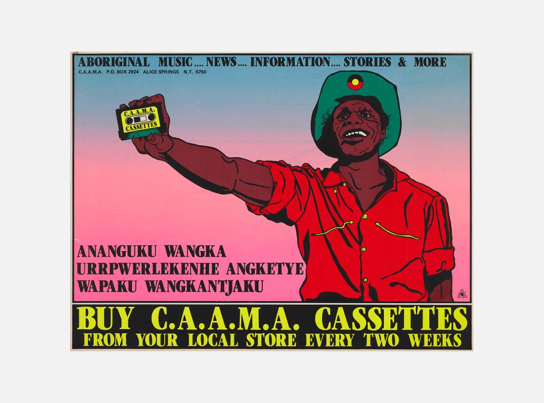 A poster illustration of a First Nations man wearing a green hat with an Aboriginal flag on it and holding a cassette tape aloft. The slogan on the poster reads "Buy CAAMA cassettes"