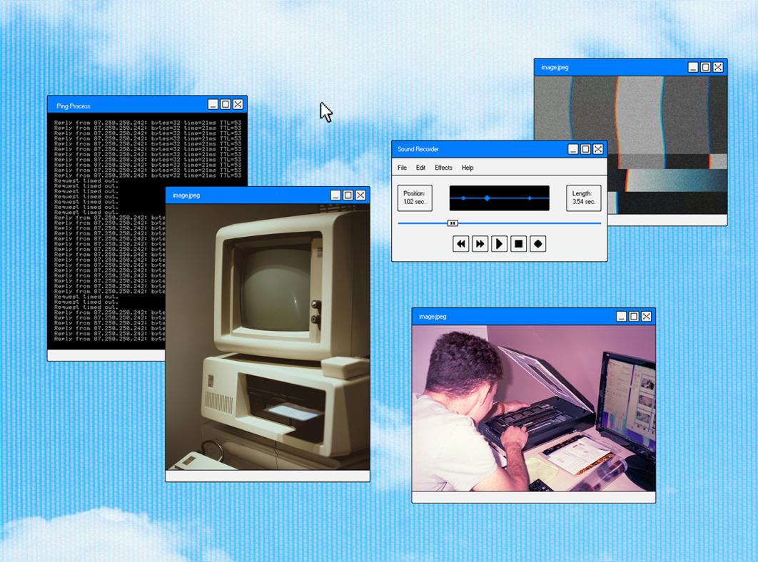 A blue-sky-and-white-clouds computer desktop overlaid with five window boxes variously featuring: streams of computer code, a 1980s personal computer and monitor with floppy disc, an audio file playing, an abstract pattern and a photo of a person adjusting computer equipment
