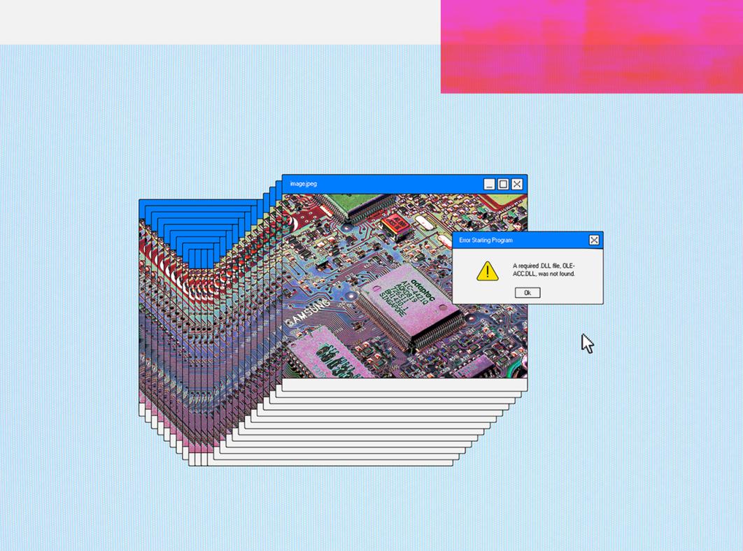 A computer screen with an error message of a style common in the 2000s. There is an accordion of overlapping images of a computer circuit board and a box stating Error Starting Program with an exclamation mark inside a yellow triangle