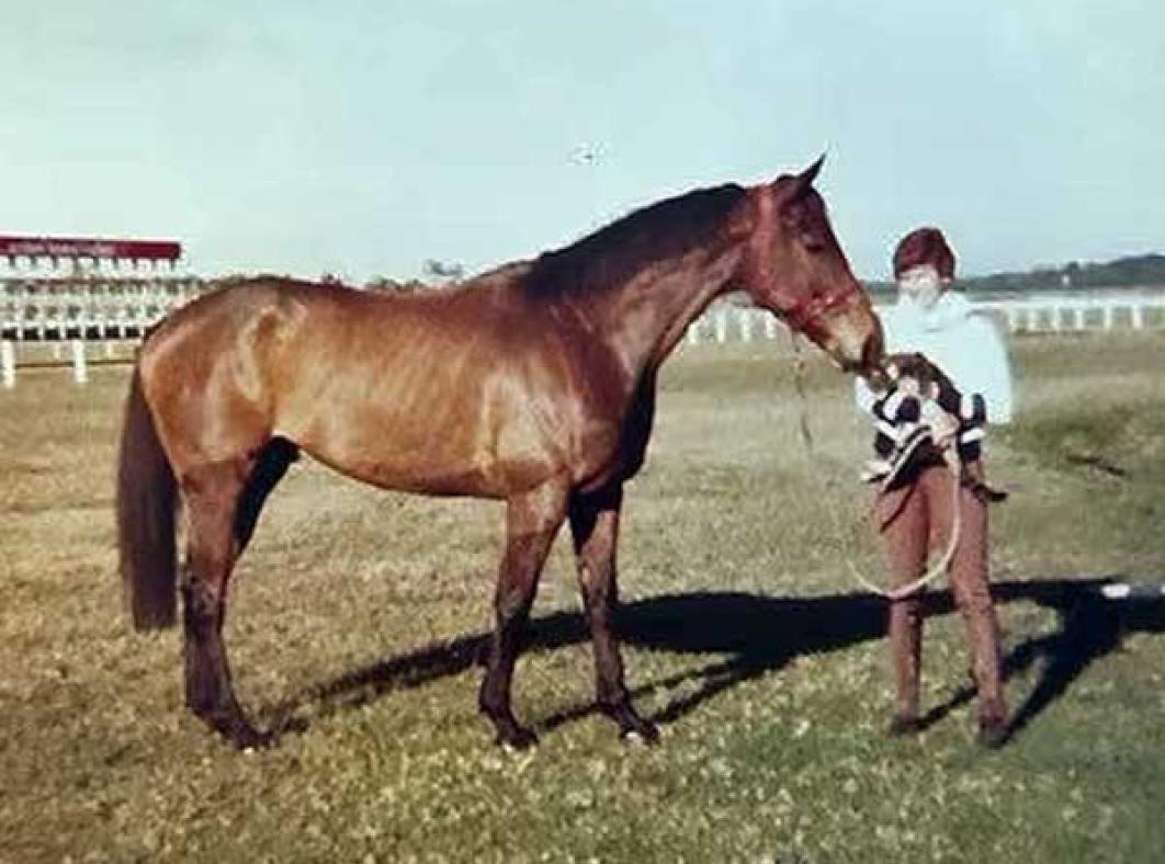 A man standing next to a horse at a racetrack