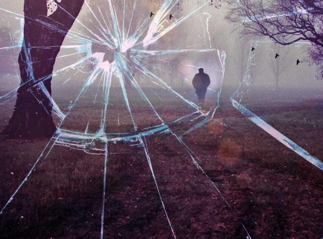 a shadowy figure in a forest area seen through shattered glass