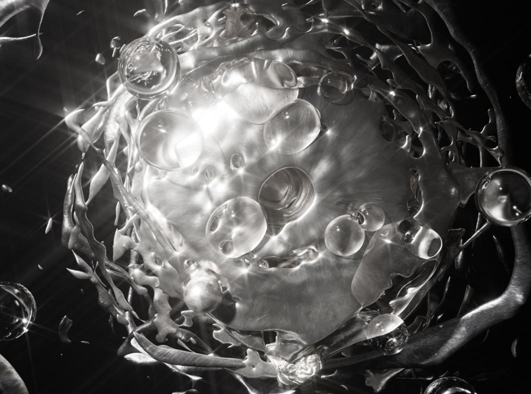 Detail from the art installation Inferno showing a spherical portal in space which is emanating thin strips and bubble shapes.