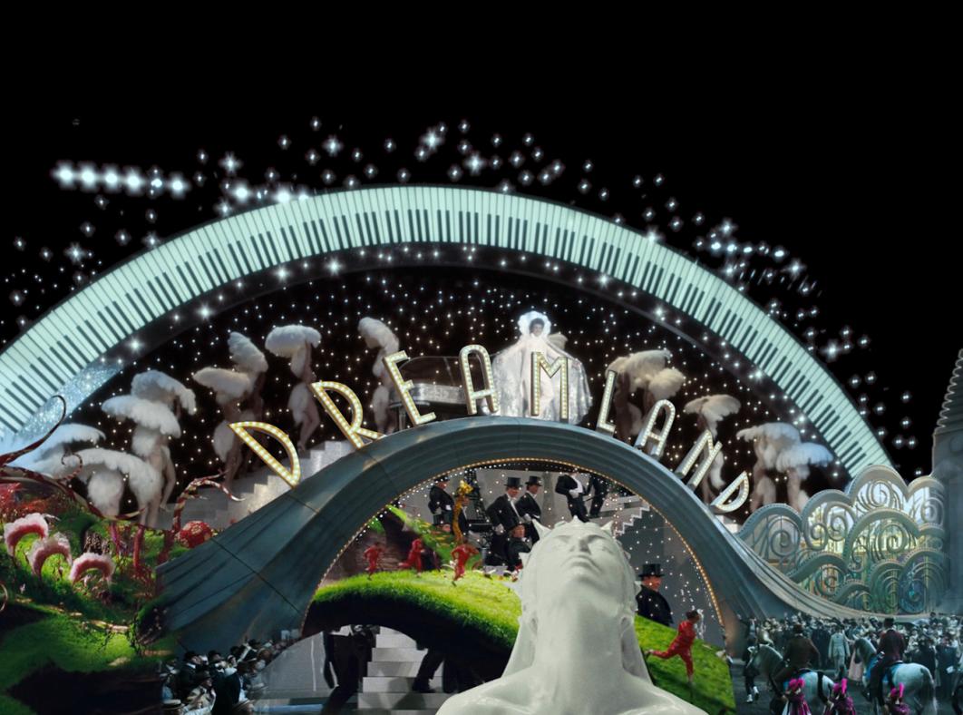 Detail from the video installation Heaven's Gate, featuring a collage of images from Hollywood's Golden Age including an arch with Dreamland spelt out in lights.