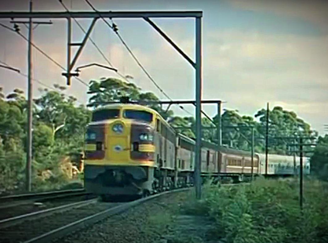 A brown and yellow coloured passenger train on a railway track that is surrounded by a lot of trees and bushes.