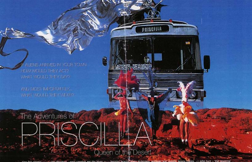 Image of bus travelling in desert setting with a drag queen riding on top dressed in a silver, flowing costume. Image is bordered by two drag queens dressed in silver sequined costumes and headresses.