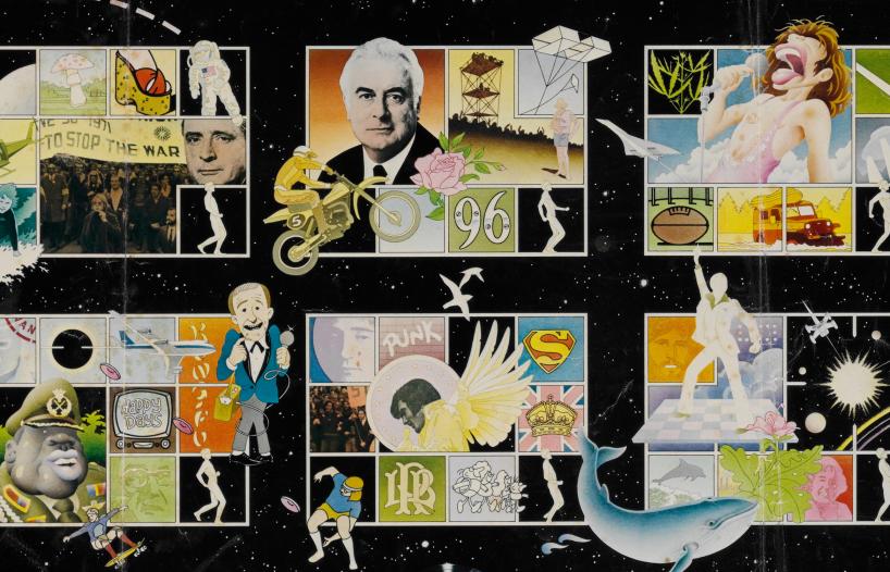 Radio station poster featuring drawings of milestones and famous faces from the 1970s in Australia
