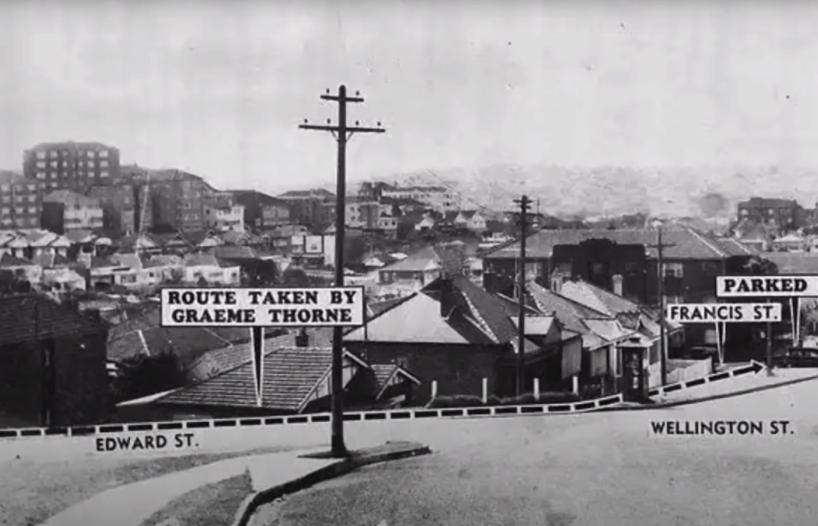 Wide shot of a street corner in Bondi with labels on it from a police investigation.