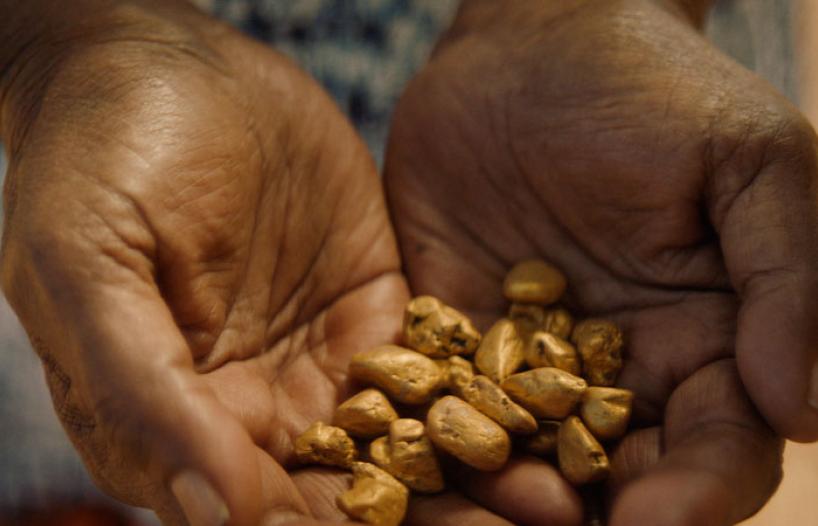 A close up of some hands cupped holding gold nuggets. 