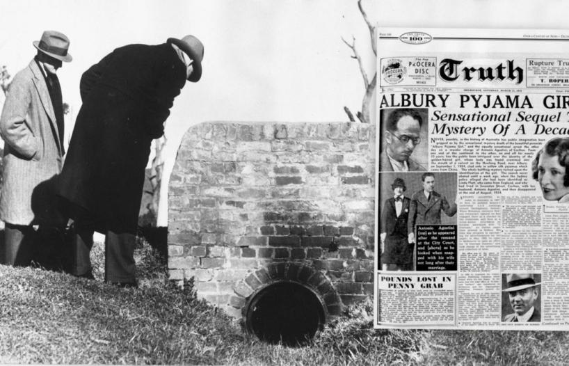 image of police looking down a culvert and an inset of a newspaper 