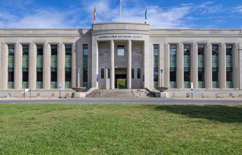 The front lawn and exterior of the National Film and Sound Archive building in Canberra 