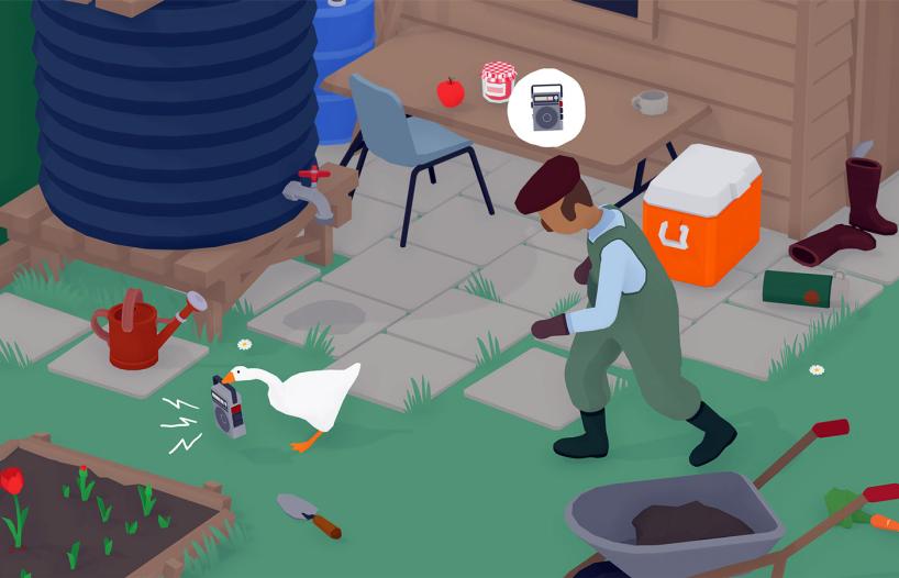 A screenshot from a video game featuring a goose being chased by a farmer.