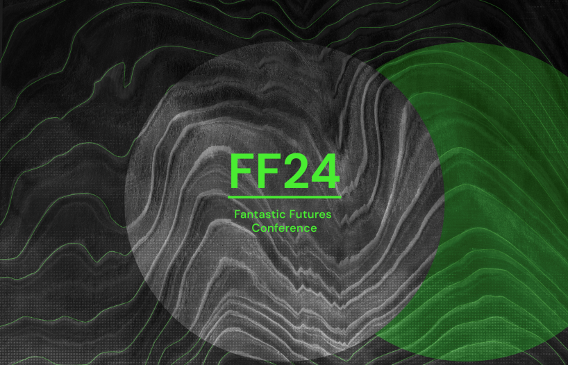 Graphic of a black and green wavy pattern with text Fantastic Futures 2024 Conference
