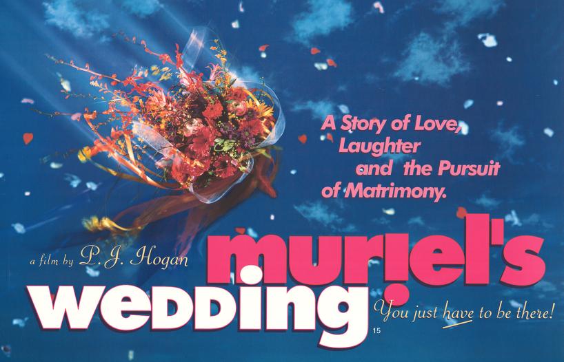 A poster for Muriel's Wedding featuring a bouquet flying through the air. 