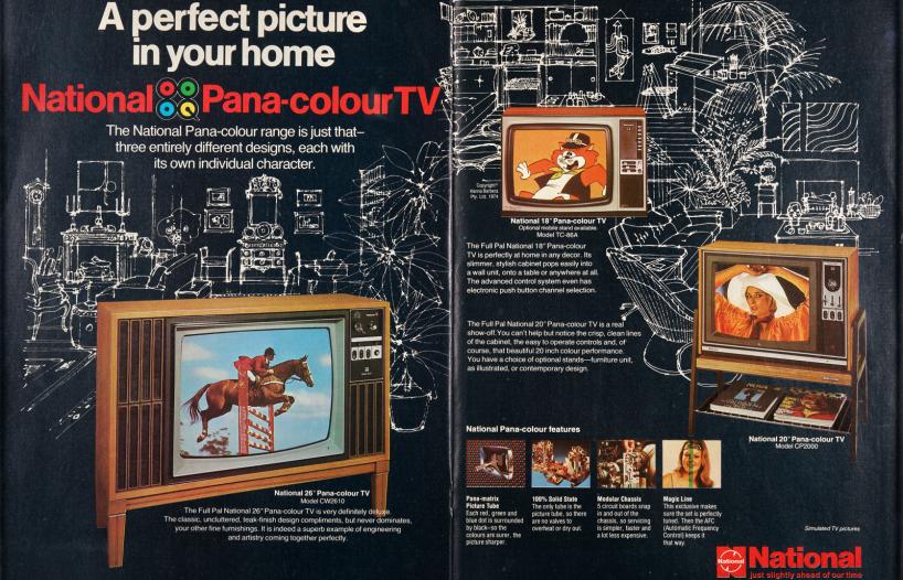 A two-page spread magazine article for colour television sets from 'National Pana-colour' showing a range of TV sets with colour images on the screen against a backdrop of black and white sketches.