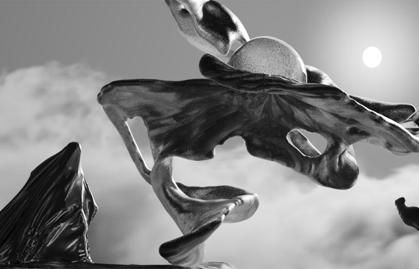 Detail from the art installation Inferno showing a figure draped in flowing cloth standing near a sculpture under a cloudy sky.