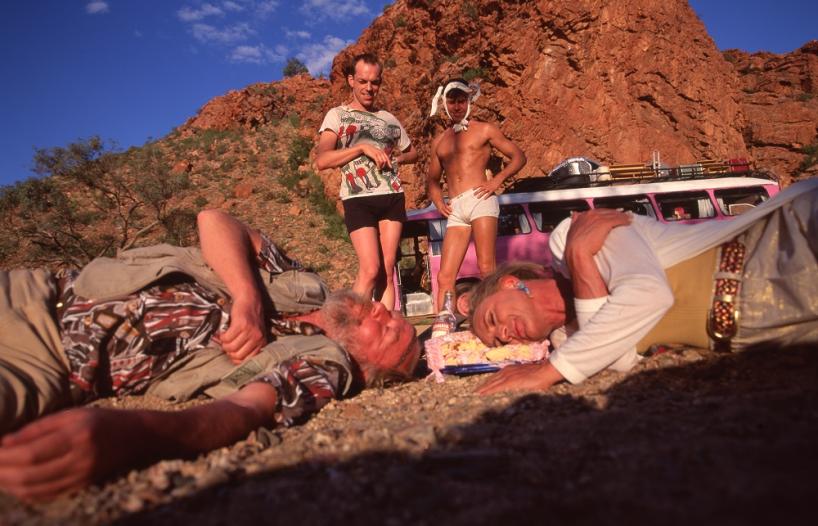 Bill Hunter and Terrence Stamp taking a nap , while Hugo Weaving and Guy Pearce look on.