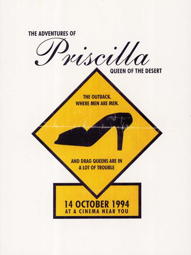 Title at top in black text. Underneath silhouette of a stiletto on a yellow background similar to a roadsign. Text reads 'The outback. Where men are men. And drag queens are in a lot of trouble'. Release date in yellow box at bottom.