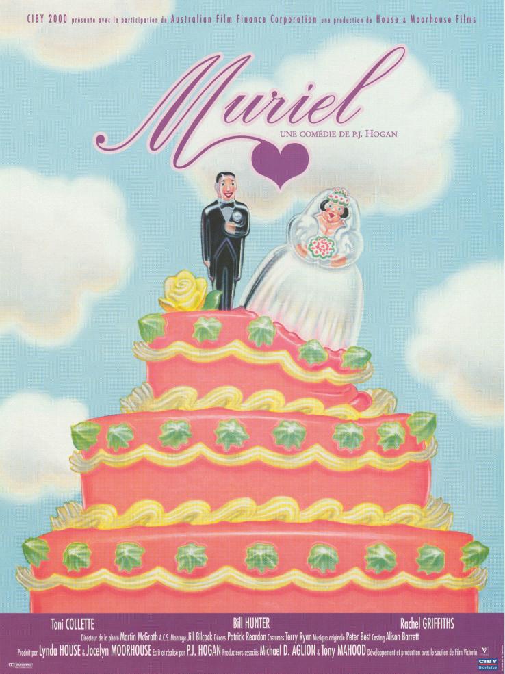 French promotional poster for Muriel's Wedding bride and groom on top of cake with bride sliding off