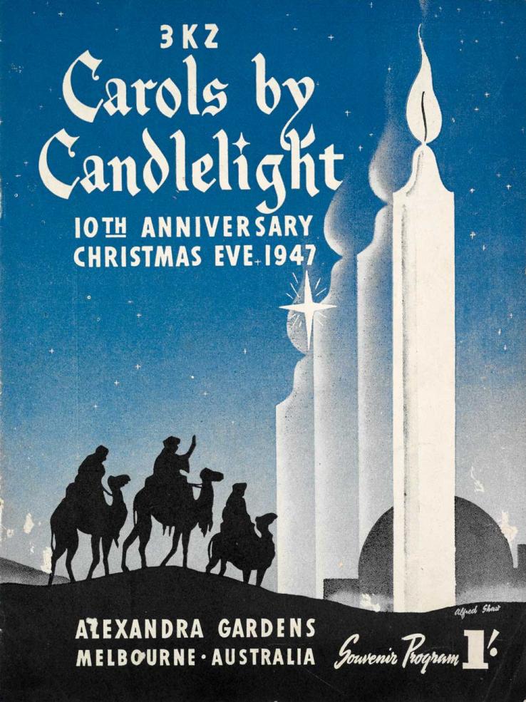 Front cover of a booklet for Carols by Candlelight 10th Anniversary showing a picture of some candles and silhouettes of men on camels