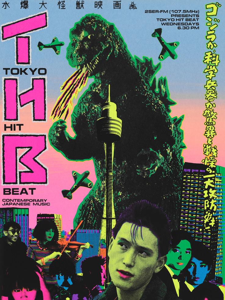 A poster for radio show Tokyo Beat featuring an illustration of dinosaur-like Godzilla monster rampaging through a city, as well as images of Japanese people with their faces tinted bright colours to match the poster design
