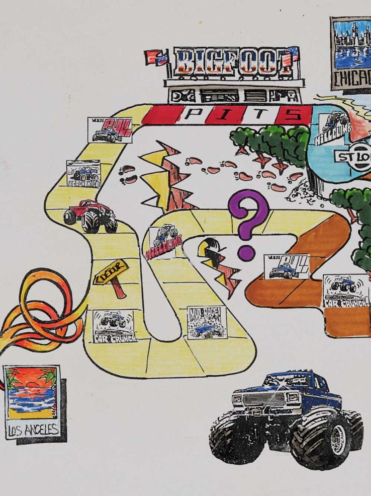 Artwork for a video game showing drawings of a map and a monster truck.