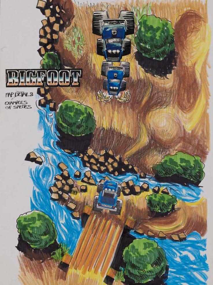 Artwork for a video game showing drawings of monster trucks crossing a bridge over some water.