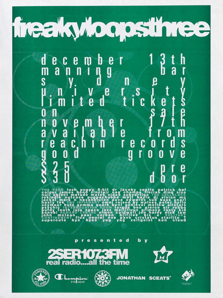 Poster for a radio station that has the word 'freakyloopsthree' written at the top