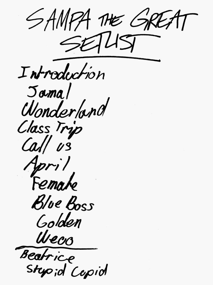 A handwritten set list for the radio show Sampa the Great