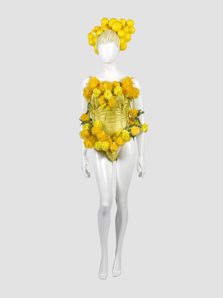 A white mannequin wearing a yellow leotard decorated with pom poms to look like wattle, from the film The Adventures of Priscilla, Queen of the Desert