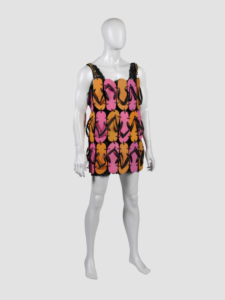 A white mannequin wearing a dress made of pink and orange flip-flops from the film The Adventures of Priscilla, Queen of the Desert
