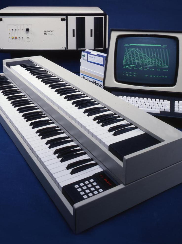 The Fairlight sampling synthesizer showing keyboard and user display monitor.