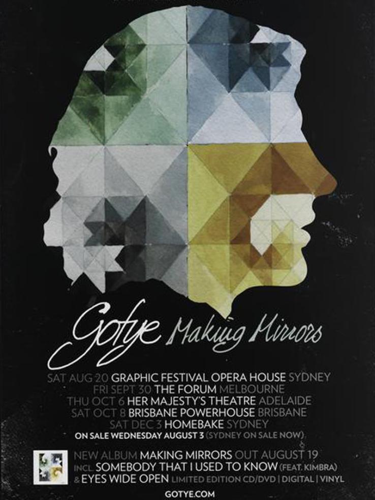 A poster for the Gotye album and tour Making Mirrors featuring a multi-coloured silhouette of the singer's head filled in with a geometric pattern 