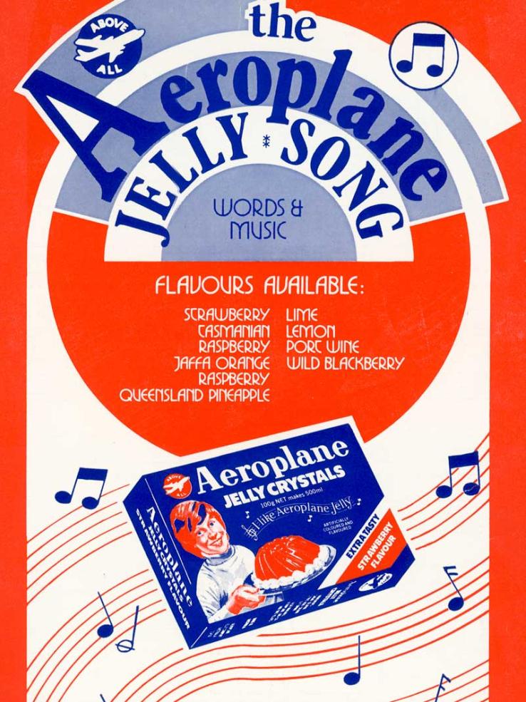 Cover of a music sheet for 'the Aeroplane Jelly song'. It features the song title, an image of a packet of jelly and some musical notes.