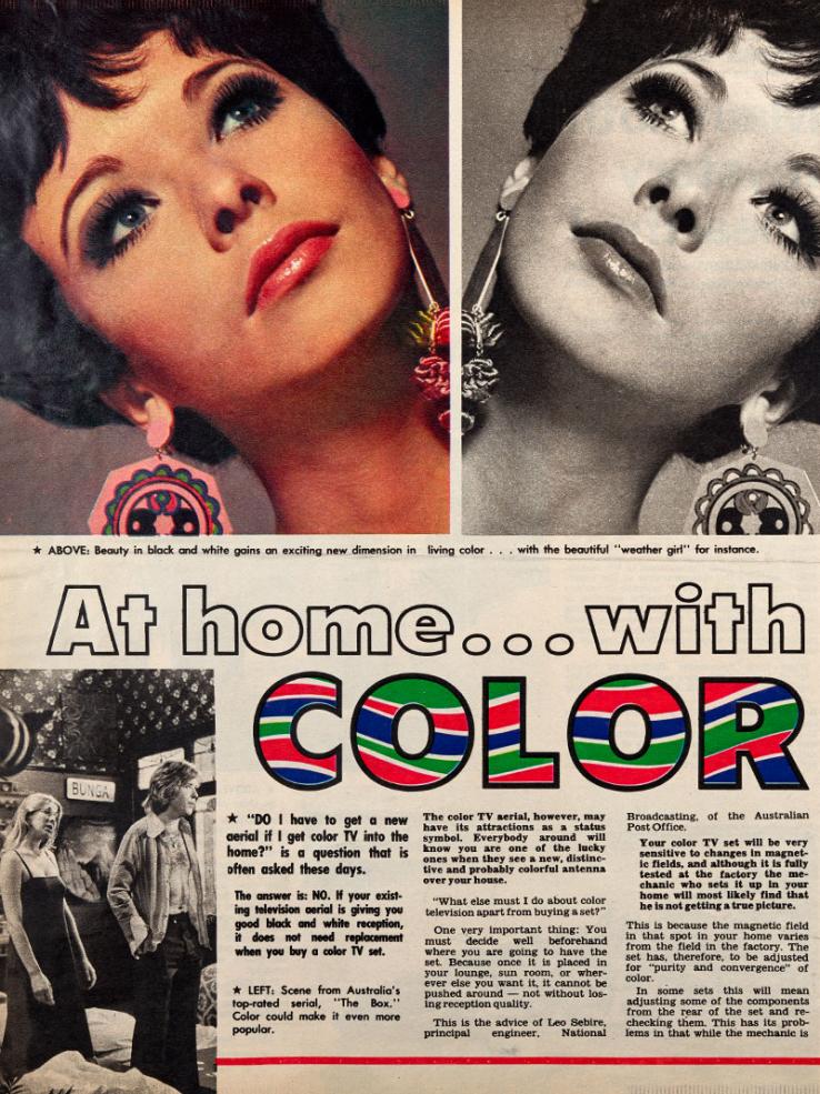 A page from a newspaper showing mirror images of a close up of a woman - one image is colour the other is black and white. There is also a headline 'At home... with color' and an article about the introduction of colour TV in Australia.