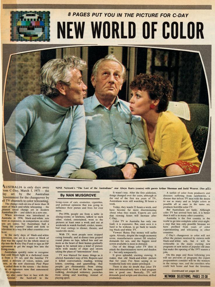 An page from a newspaper about the start of colour television in Australia featuring a photo from a TV show of 3 people sitting on a sofa.