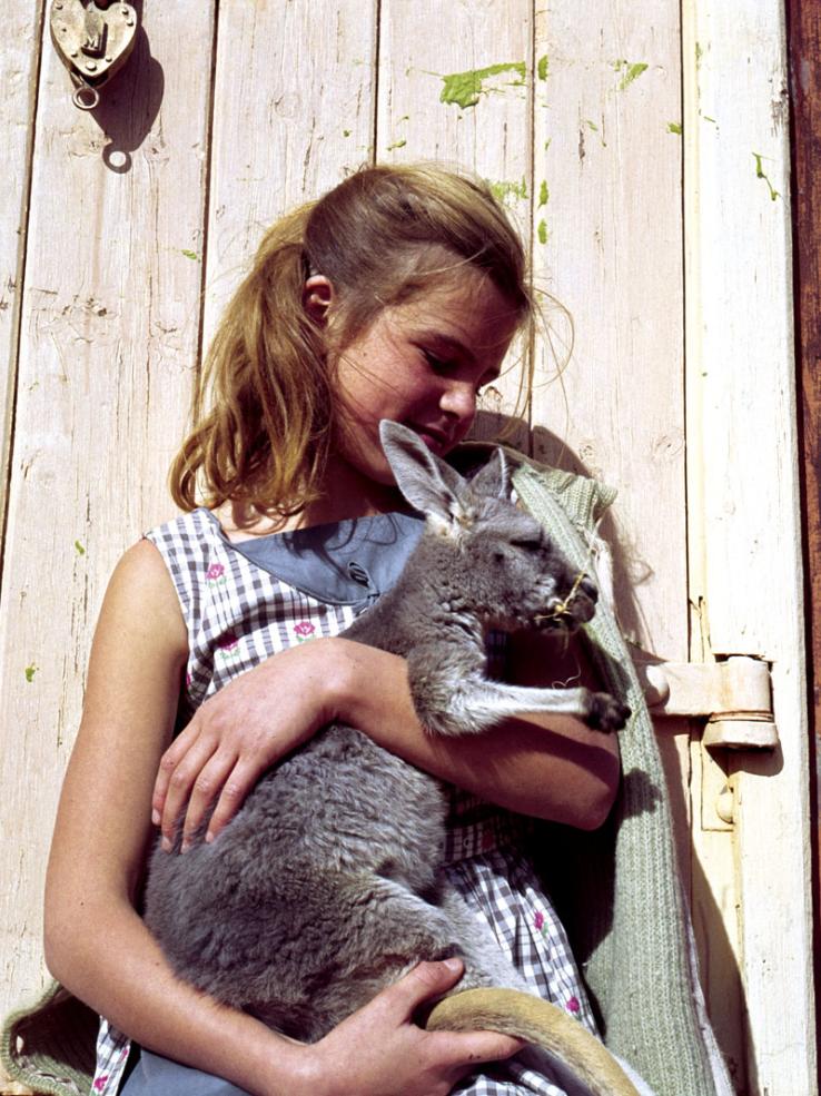 A girl in a patterned dress holds a kangaroo joey in her arms while leaning against a wooden door.
